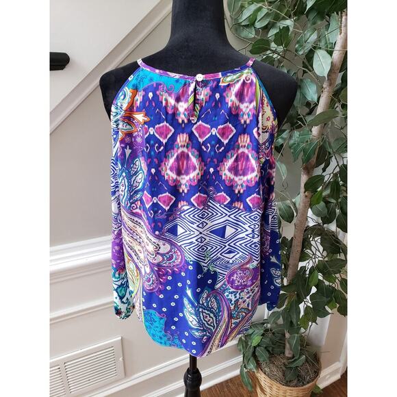 Chico's Shirt Top Women 0 Multicolor Cold Shoulder Sleeve Keyhole Back Tie Hem - Picture 4 of 11